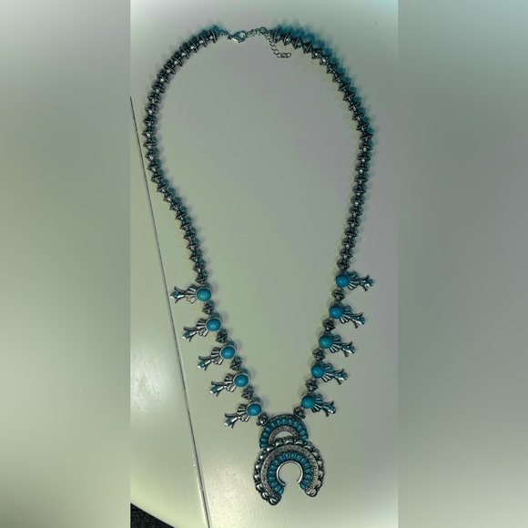 Silver & Turquoise colored Squash Blossom Necklace - Picture 5 of 5